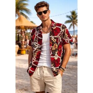FOHEMR Men's M Red Floral ButtonUp Shirt Regular Fit Edgy Casual Y2K Streetwear